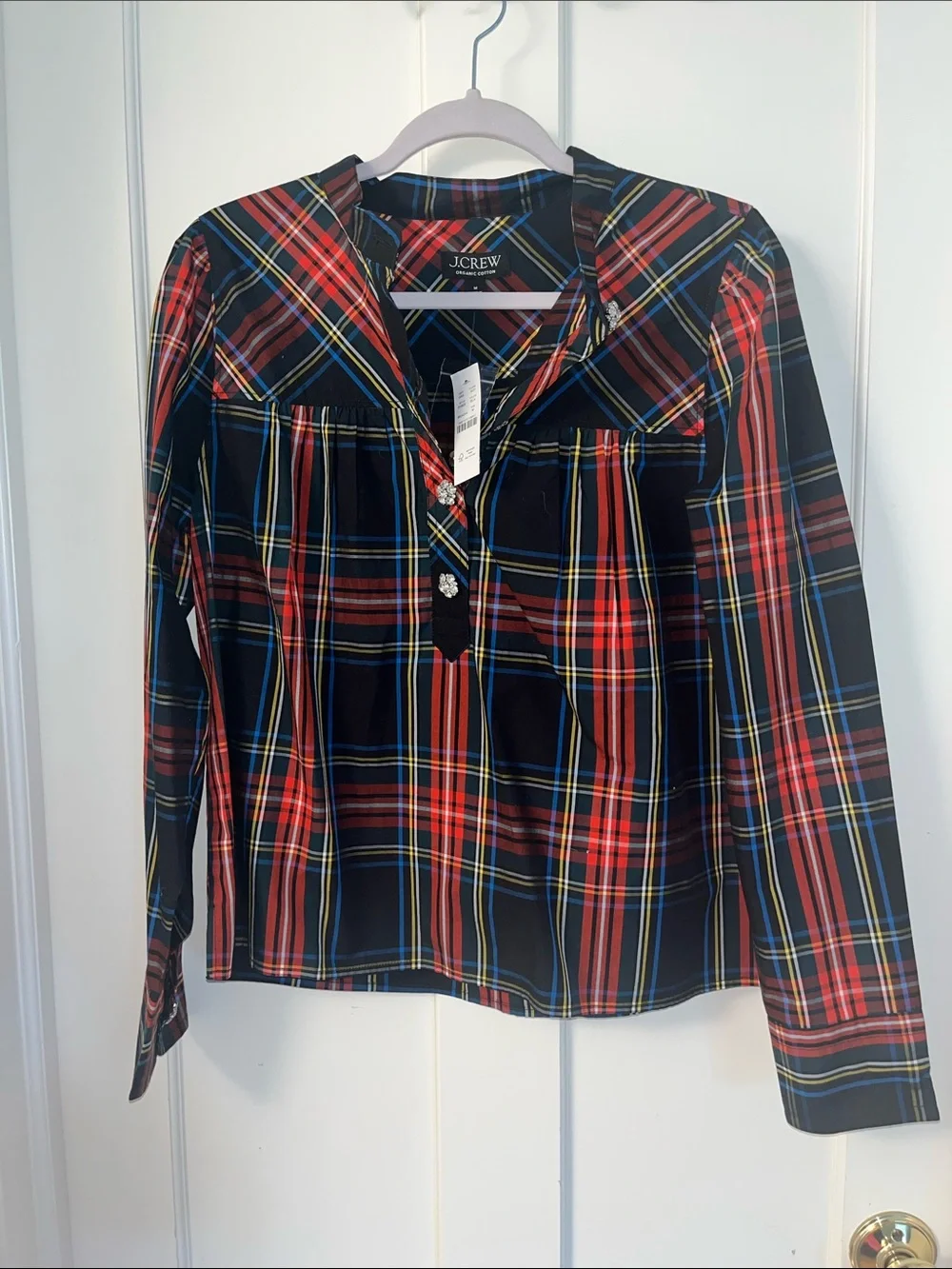 J. Crew Black Plaid Button-Up Blouse with Red and Yellow Stripes